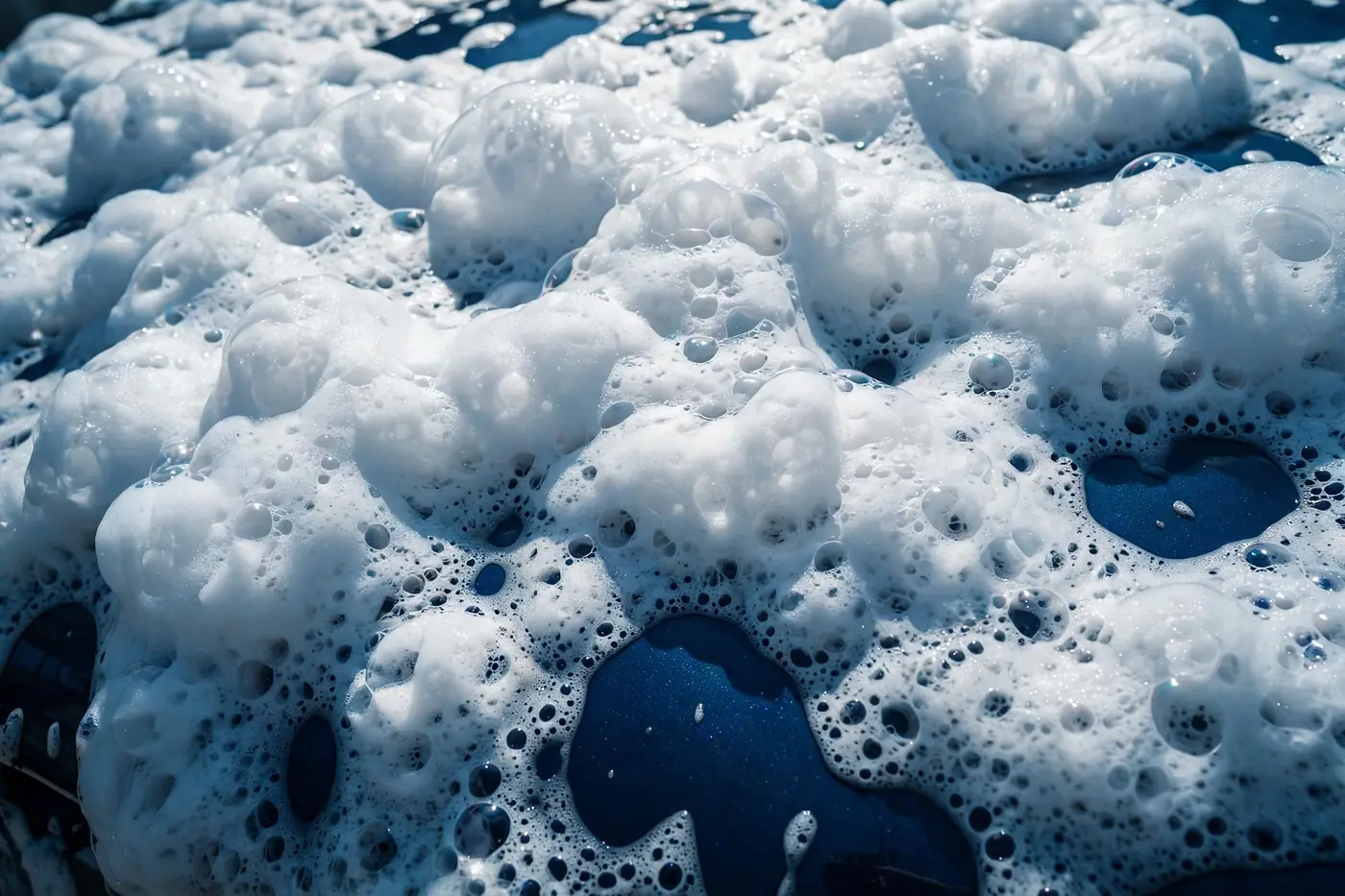 Thick white foam blanket covering dark blue car paint
