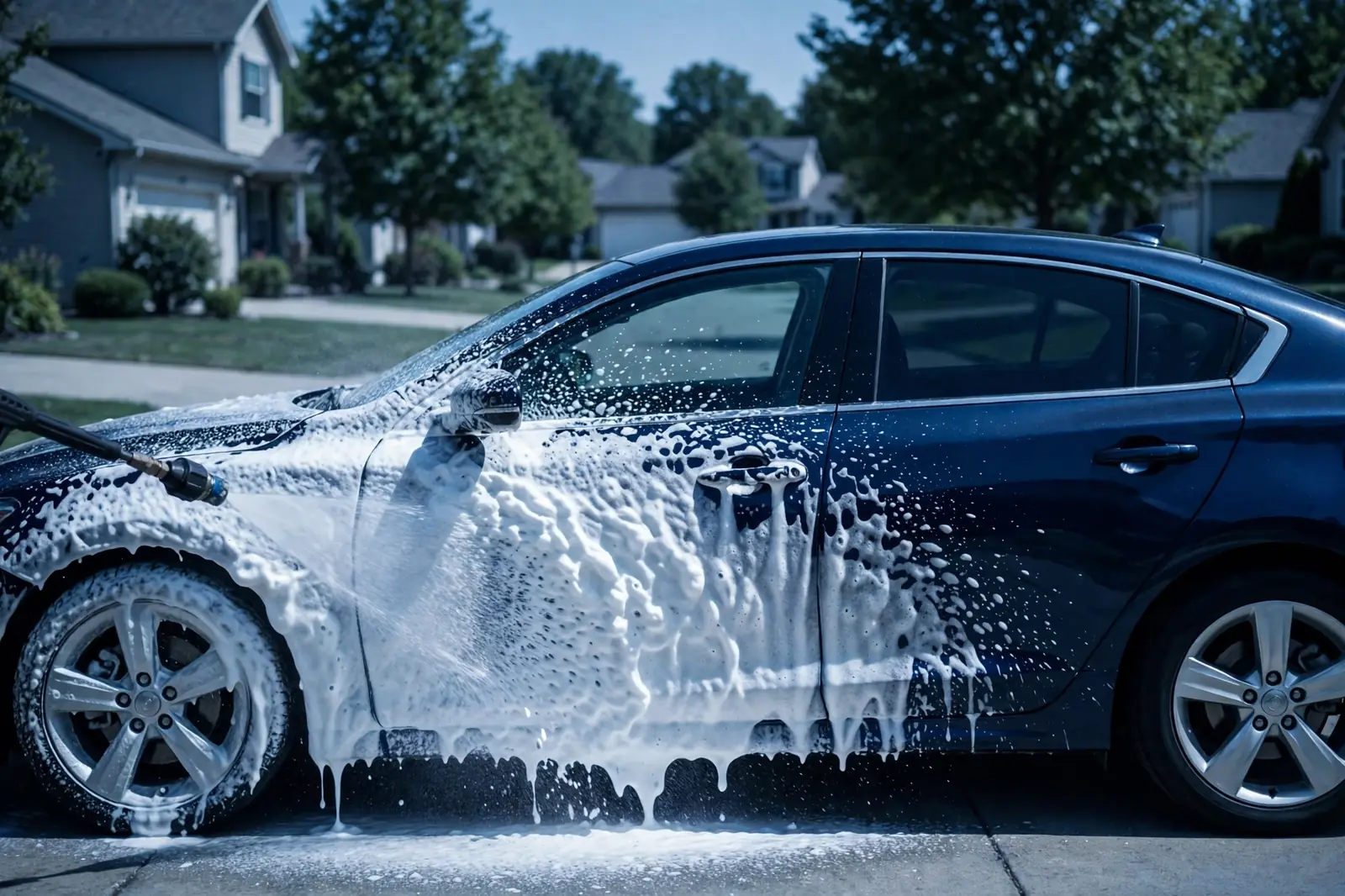 Foam cannon spraying thick white foam onto a car in a driveway