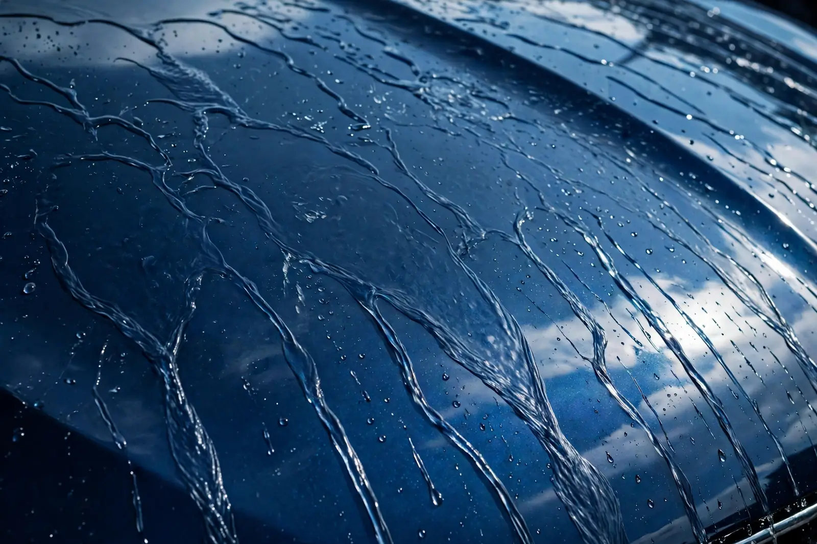 Clean water sheeting off freshly detailed glossy car paint
