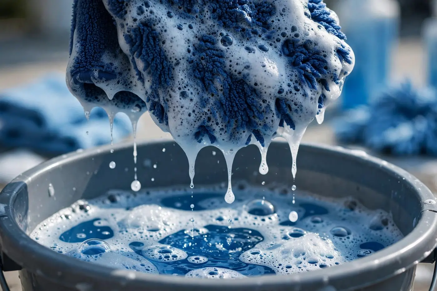 Wash mitt dripping with suds over a bucket of soapy water